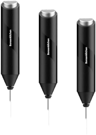 Bonsenkitchen Powerful Milk Frother for Coffee, Fast Handheld Drink Mixer with Stainless Steel Whisk, Battery Operated Hand Frother Stirrer Wand-Black (Pack of 3)