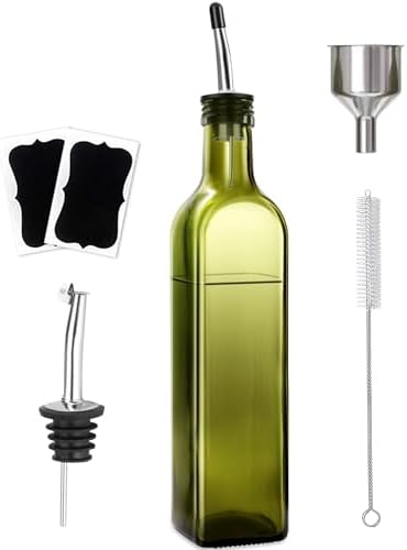 Leaflai Olive Oil Dispenser Bottle, 1 Pcs Green Glass Olive Oil Dispenser and Vinegar Dispenser Set with 2 Stainless Steel Pourers, 2 Labels,1 Brush and 1 Funnel Oil Bottles for Kitchen (500ml)