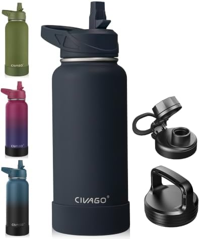CIVAGO 32 oz Insulated Stainless Steel Water Bottle With Straw and 3 Lids