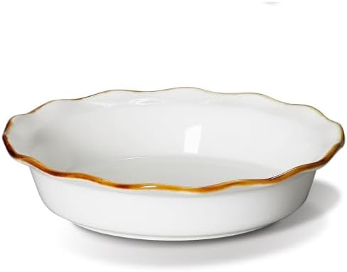 ONEMORE 9-Inch Deep Dish Pie Pan - Ceramic Pizza Pan for Oven, Baking Chicken Pot Pie, Quiche & Tarts - Rustic White Dish for Perfectly Crispy Crust, Large Ruffled Baking Plate