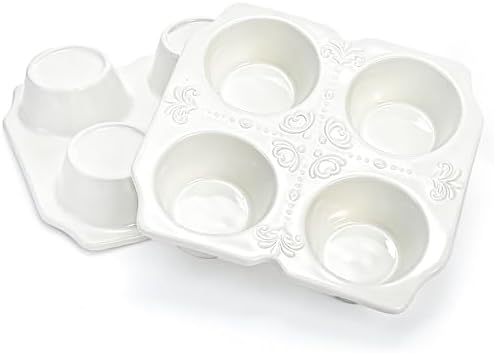 Hiceeden 2 Pack 4-Cup Ceramic Muffin Pan, Nonstick Muffin Tin with Handle, Ceramic Cupcake Baking Pans with Embossed Pattern for Muffin, Cupcake, White, 7.5" x 7" x 1.6"