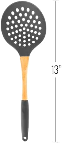 Beille 1pc Grey Nylon Skimmer Spoon with Soft Grip Ergonomic Wooden Handle Kitchen Utensils, 13 Inch