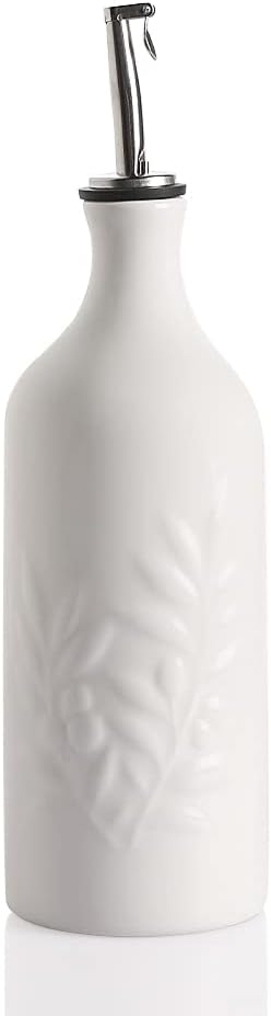 Sweejar Ceramic 20 Oz Olive Oil Dispenser Bottle, Relief Opaque Oil Cruet, Suitable for Storage Oil, Vinegar, Soy Sauce, Coffee Syrup, Liquids, Set of 1 (White)