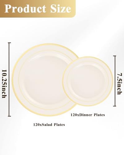 Goodluck 120 PCS Ivory and Gold Plastic Plates, Heavy Duty Disposable Ivory Plates with 60 10.25 inch Dinner Plates and 60 7.5 inch Dessert Plates for Party, Holiday, Wedding