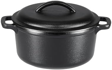Amazon Basics Pre-Seasoned Cast Iron Mini Dutch Oven Pot with Lid and Dual Handles, Oven Safe, 2-Quart, Round, Black