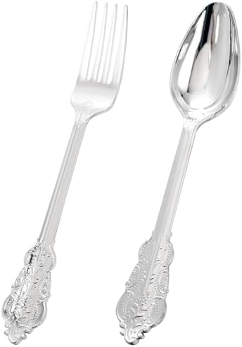 BUCLA 200PCS Silver Plastic Forks and Spoons - Plastic Silverware Baroque - Disposable Silverware Heavy Duty - 100PCS Silver Forks and 100PCS Spoons for Weddings, Christmas and Party