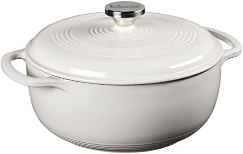 Lodge 4.5 Quart Enameled Cast Iron Dutch Oven with Lid – Dual Handles – Oven Safe up to 500° F or on Stovetop - Use to Marinate, Cook, Bake, Refrigerate and Serve – Oyster White