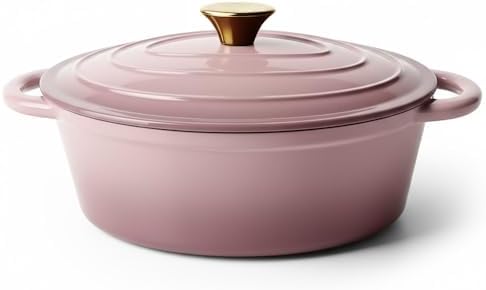 Vintage Style Oval Dutch Oven for Bread Baking, 4.5 Quart Non Stick Enameled Cast Iron Dutch Oven Pot with Lid, Oven Safe Oval Casserole with Lid up to 500°F for Baking, Braising, Stews, Roasting, Pink