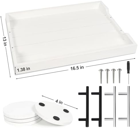 SXNOWS Wood Serving Tray with 2 Sets of Handles,White