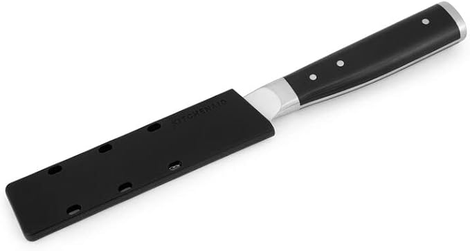KitchenAid Gourmet Forged Triple Rivet Serrated Paring Knife with Custom-Fit Blade Cover, 3.5-inch, Sharp Kitchen Knife, High-Carbon Japanese Stainless Steel Blade, Black