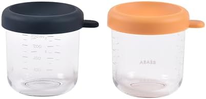 BEABA 2 Pack Glass Baby Food Jars with Soft Silicone Air Tight Lids, 8 oz Glass Storage Containers with Lids, Microwave and Freezer Safe Containers, Midnight