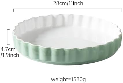 Quiche Baking Dish,Ceramic Pie Pan 11 Inch Reusable,Pizza Pan，Non-Stick Round Tart Pan with Ruffled Edge Microwave Dishwasher and Oven Safe (GREEN)