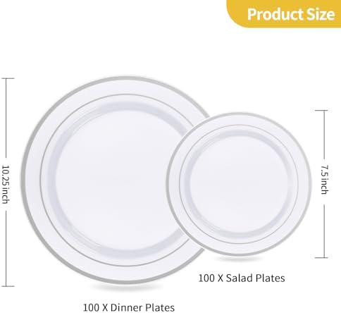 Goodluck 200PCS Silver Plastic Plates,Heavy Duty Disposable Silver Plates with 100 10.25 inch Dinner Plates and 100 7.5 inch Dessert Plates, Disposable Plates for Party, Holiday, Wedding (Pack of 2)