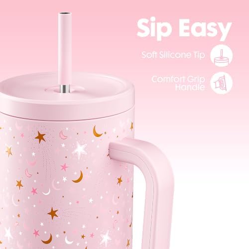 Meoky 40 oz Tumbler with Handle and Straw: Glow in the Dark Tumbler with Lid and Straw - Stainless Steel Insulated Tumbler for Car Cup Holders - Travelers Commuters Workers (1 Pack, Starry Sky)