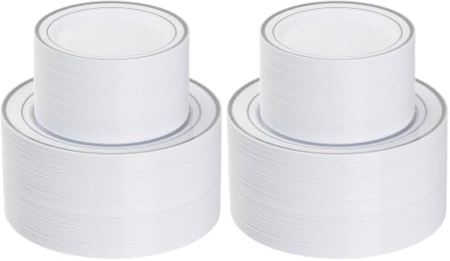 Goodluck 200PCS Silver Plastic Plates,Heavy Duty Disposable Silver Plates with 100 10.25 inch Dinner Plates and 100 7.5 inch Dessert Plates, Disposable Plates for Party, Holiday, Wedding (Pack of 2)