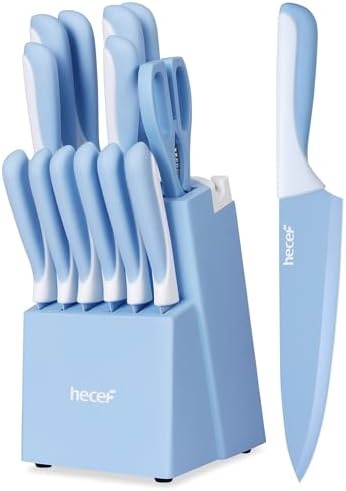 hecef 15 Pieces Kitchen Knife Block Set, Blue
