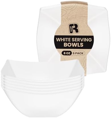 R-kay 6 Pack Square Plastic Serving Bowls - White Small Plastic bowls 8 oz, Premium White Bowls For Weddings Catering And Birthday parties