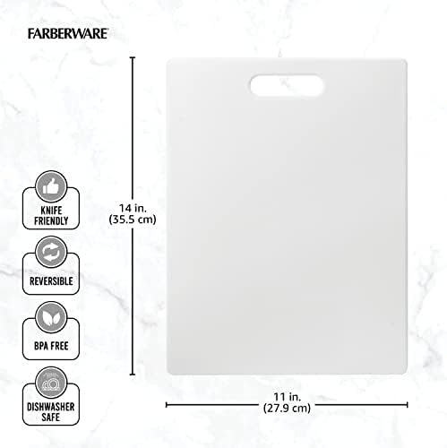 FARBERWARE Large Cutting Board, Dishwasher- Safe Plastic Chopping Board for Kitchen with Easy Grip Handle, 11in by 14in, White