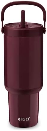 Ello Oasis Go+ 32oz Tumbler with Top Handle and Retracting Straw | Reusable Insulated Stainless Steel Cup, 100% Leakproof Water Bottle, 24 Hours Cold, Cup Holder Friendly For Travel | Red Velvet