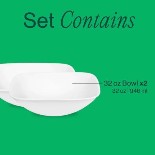 Corelle Vitrelle 2-PC Large 1-Qt Glass Serving Bowl, Crack and Chip Resistant, Square Serving Trays, White