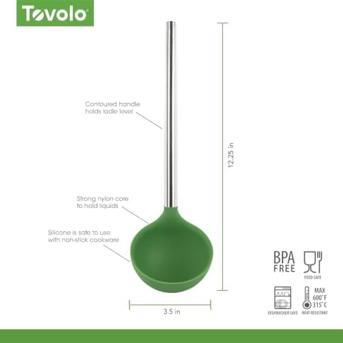 Tovolo Silicone Ladle With Stainless Steel Handle Deep Soup Ladle for Cooking Canning Serving Soup Punch Stew Sauce, Large Kitchen Utensil Spoon Dishwasher Safe BPA Free Silicone Pesto Green
