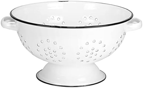 Red Co. Enamelware Metal Classic 10.5 Inch Round Food Strainer Colander with Two Handles, Distressed White/Black Rim