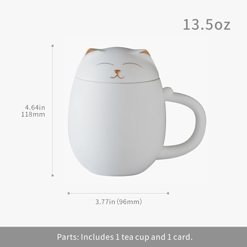 HEER Cat Ceramic Tea Mug 13.5oz with Infuser and Lid, White