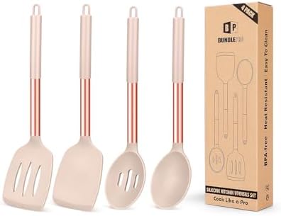 Pack of 4 Silicone Cooking Utensils Set, Non Stick Large Solid Spatulas, Heat Resistant Rose Gold Khaki Slotted Spoons, Ideal BPA Free Kitchen Turners for Frying, Mixing,Serving,Draining,Turning