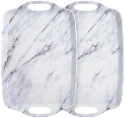 TP Melamine Serving Trays with Handles, 17” x 12”, Set of 2, White Marble