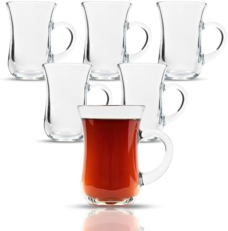 Tea Glasses with Handle Set of 12, Slim Waist Design & Thick Base, Teacups