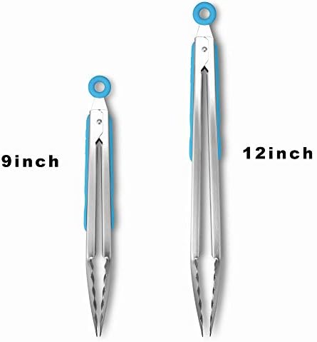 Premium 304 Stainless Steel Tongs Set – 12" Grill Tongs & 9" Cooking Tongs, Heat Resistant up to 600°F, Wavy Grip Head, Non‑Slip Handle with Locking Clip & Hanging Loop, Dishwasher Safe, Blue