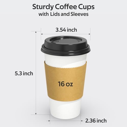 Dealusy 100 Pack 16 oz Disposable Coffee Cups with Sip Lids and Sleeves