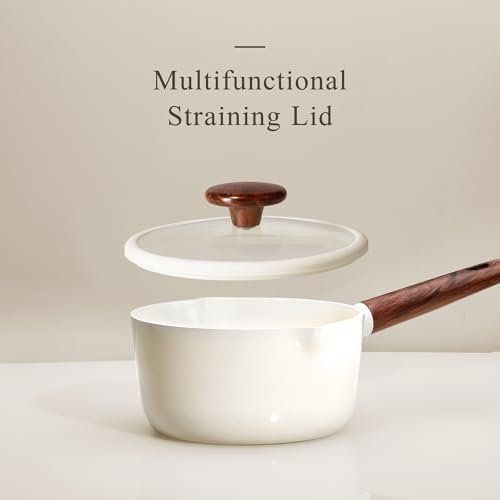 CAROTE 2QT & 3QT Sauce Pan Sets with Lid & Ladle Ceramic Nonstick Pot Set Non Toxic Saucepan Small Kitchen Cooking Pots, Easy to Clean, Induction Comptable, PFAS PTFE Free, White