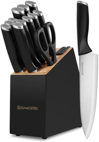 Black Knife Set, 13-Piece Knife Block Set with Built-in Sharpener