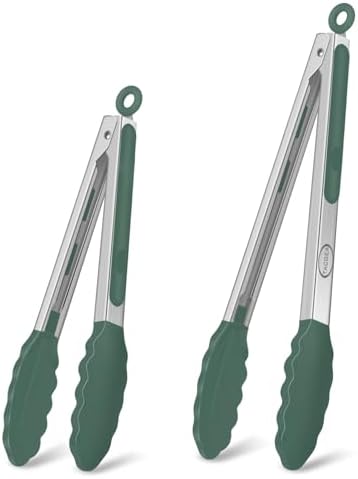 TACGEA Stainless Steel Kitchen Tongs with Silicone Tips, Locking Grilling Food Tongs, 9" and 12", Set of 2 Dark Green