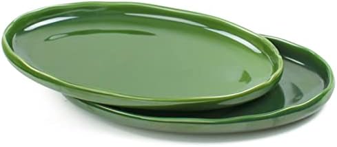 vicrays Ceramic Serving Platter Tray - Extra Large Oval 14.5 Inch Porcelain Dinner Plates Long Serving Dish Set - for Party Restaurant Food Meat Sushi Fish Turkey Platter - Green