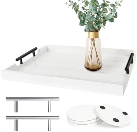 SXNOWS Wood Serving Tray with 2 Sets of Handles,White