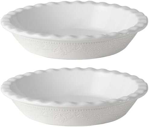 Fun Elements Pie Pan, 9 Inch Ceramic Pie Dish, Deep Dish Pie Pan with Lace Emboss, Ruffled Pie Plate for Baking, Thanksgiving Christmas Gifts, Set of 2, White