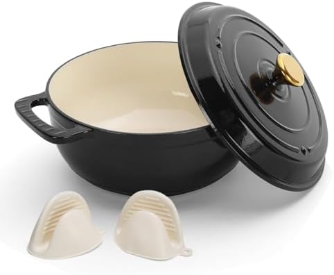 Bonnlo Round Dutch Oven, Enameled Cast Iron Dutch Oven Pot with Lid & Dual Handles, Oven Safe Up to 500° F, for Sourdough, Bread Baking, Stews and Roasting (Black, 5 Quart)