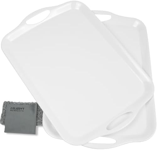 Czlizdyt Large Melamine Serving Tray with Handles, 17.5 x 12 in Rectangular Melamine Serving Platter, Dishwasher Safe Trays for Eating, Appetizer, Charcuterie, Snack, Fruit, Desserts, Set of 2, White