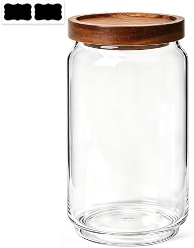 ComSaf Glass Jar with Acacia Wood Lid 34oz 1Pack, Food Storage Container | 1.1Qt Canister, Oats Coffee Sugar Pasta Candy Cookies Nut, Kitchen Pantry, Decorative, Countertop Display, Food-Grade, Label