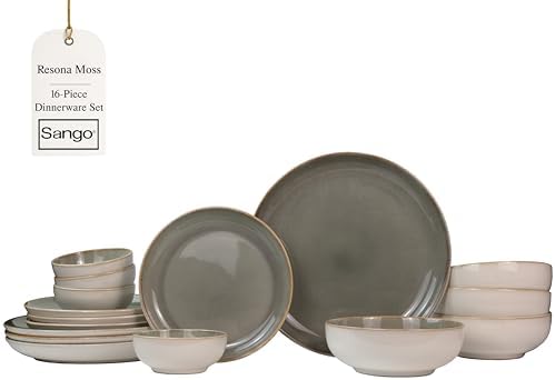 Sango 16-Piece Stoneware Dinnerware Set for 4, Glossy Cream/Green Big Dinner Plates and Bowls Sets with Reactive Glaze, Ceramic Dish Set, Modern Dishes, Microwave & Dishwasher Safe, Resona Moss