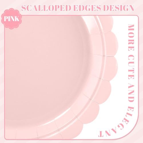 NatNarr 30 Pcs Pink Paper Plates 9 Inch Scalloped Pink Plates Cute Dessert Cake Party Plate for Girls Birthday, Baby Bridal Shower, Wedding (Pack of 3)