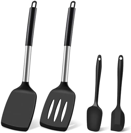 Silicone Spatula Set, Heat Resistant Solid & Slotted Turner for Non-Stick Pans, BPA-Free Silicone Cooking Utensils, Flexible Spatula for Flipping Eggs, Burgers, Pancakes, Fish, Black, 4 PCS-A
