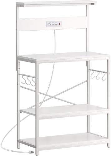 SUPERJARE Bakers Rack with Power Outlets, Microwave Stand, 31.5 X 16.5 Inch Larger Desktop, Kitchen Storage Rack with Adjustable Middle Shelf, 6 S-Shaped Hooks, Coffee Bar Stand, White