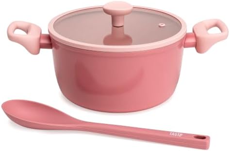 Tasty Ceramic Stock Pot with Glass Lid, Silicone Spoon, Healthy Nonstick Dutch Oven, Soup Pot, Casserole, Made without PFAS, PFOA, PFOS and PTFE, Dishwasher Safe, 5-Quart, 3-Piece Set, Pink