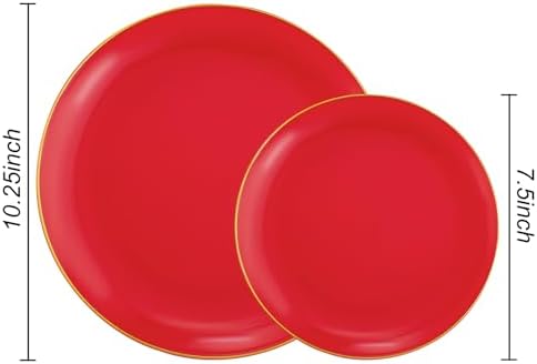 PULOTE 100PCS Red Plastic Plates Disposable Heavy Duty - Include 50 Dinner / 50 Dessert Plates for Party & Christmas