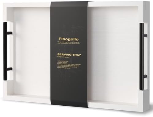 Fibogollo Bamboo Serving Trays with Metal Handles,Medium(White)
