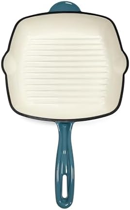 Enameled Cast Iron Square Grill Pan, Nonstick Skillet Grilling Pan (Peacock Blue, 9.5 inch)