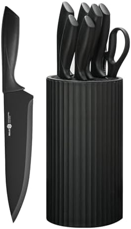 Knife Set, 8-Piece Kitchen Knife Set with Universal Block - Anti-Rust Chef Knives, Ergonomic Design, Dishwasher Safe (Black)